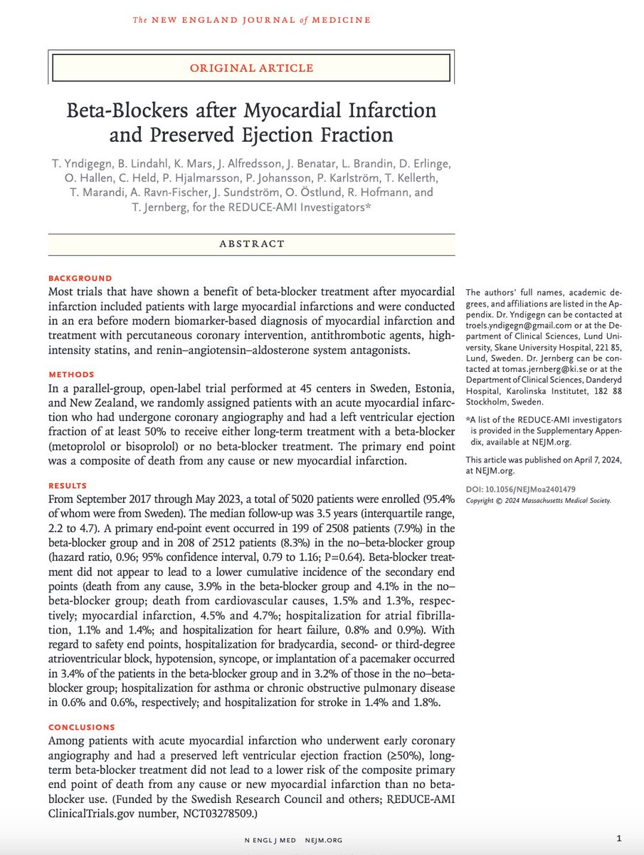 Among patients with acute myocardial infarction who underwent early angiography &amp; had a preserved LVEF, long-term beta blocker treatment *did not* ⬇️ all-cause death or new MI. #ACC24 #Cardiotwitter
nejm.org/doi/full/10.10…