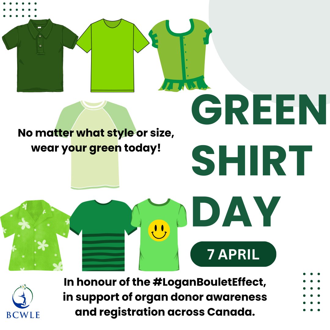 No matter style or size, wear your green today, to honour and support organ donor awareness across #Canada.
#GreenShirtDay 2024 goal is to inspire 100K Canadians to register for organ and tissue donation.
Get green and get registered!
#LoganBouletEffect #StrongerTogether #BCWLE