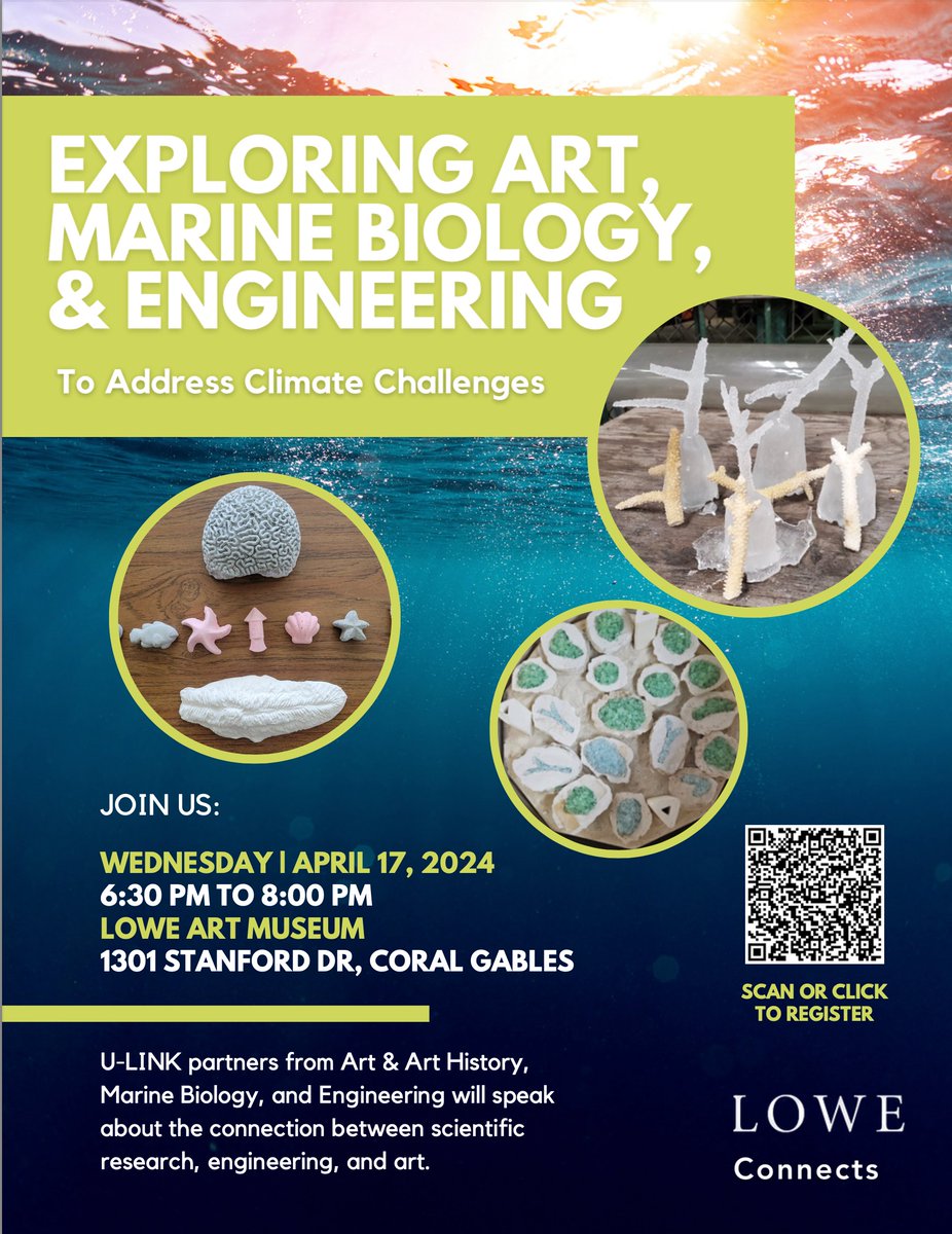 We are organizing a special event on ‘Exploring Art, Marine Biology, and Engineering to address climate challenges’ @loweartmuseum @univmiami Please join us on 4/17: events.miami.edu/event/lowe-con… Work by: @EfreinJenna @DelliSanti_ @PrannoySuraneni @patrickmkiel @rescueareef @X_Reefs