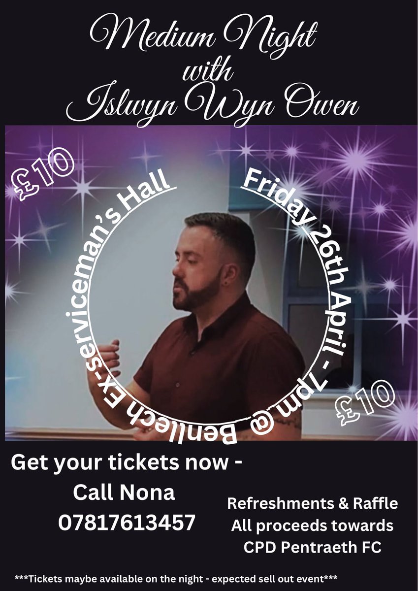 ✨FUNDRAISING EVENT✨ 

Pentraeth Fc are hosting a medium night with the amazing Islwyn and friends.  If you would like a place at the event, send Nona a message. 

Seats will sell fast so message quick to avoid disappointment.