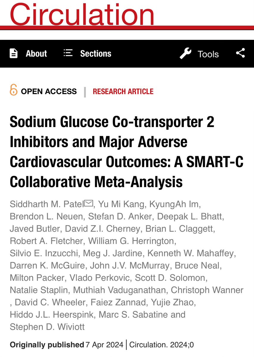 #ACC24 #SimPub in @CircAHA by @SidPatelMD & #SMARTc investigators Massive effort evaluating 78,607 patients across 11 late-phase trials in diabetes, CKD, & HF providing definitive evidence of the effects of #SGLT2i on #MACE ahajournals.org/doi/10.1161/CI…