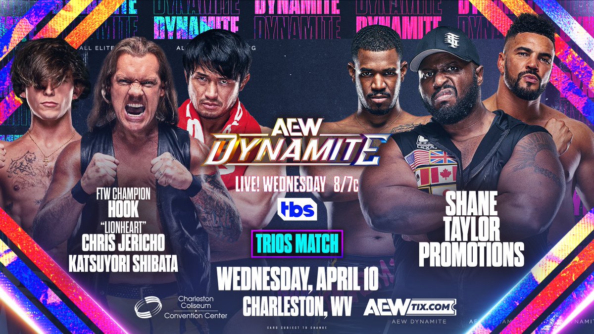 #AEWDynamite THIS WEDNESDAY! @chaswvccc | Charleston, WV LIVE 8pm ET/7pm CT | @TBSNetwork The trio of “LionHook” @IamJericho, @730Hook, & @K_Shibata2022 face Shane Taylor Promotions' @shane216taylor, @theleemoriarty, & RETURNING @AnthonyOgogo THIS Wednesday on #AEW Dynamite!