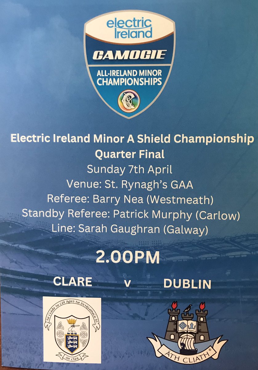 Game update @OfficialCamogie Electric Ireland Minor A Shield Championship Quarter Final Clare 0-8 Dublin 3-8 ⏱ Full time