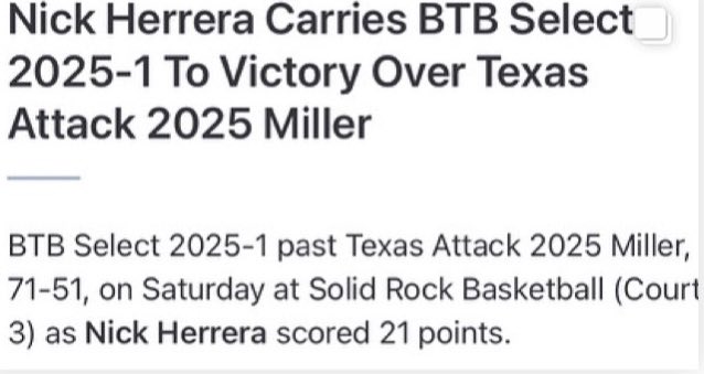 Nick Herrera & Eric Robles @EricRobles2025 San Antonio Jay @SAJayBoysBball ‘25 guards competing well for BTB Select 2025-1 @coach_E_2025 in OKC @PrepHoopsOK Grind Kickoff OKC Eric Robles and Herrera each hit multiple three-pointers for BTB Select 2025-1. Robles (17 points),