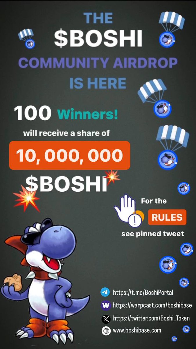 1/2 🧵

Exciting news for #Boshi - Our MASSIVE 10,000,000  $Boshi token Airdrop is here! 💸 

Designed to bring adoption &amp; awareness to #Base &amp; $Boshi alike, we will be airdropping 100 eligible BASE Wallets With 100,000 $Boshi tokens EACH. Totalling  10,000,000 Tokens

#AIRDROP