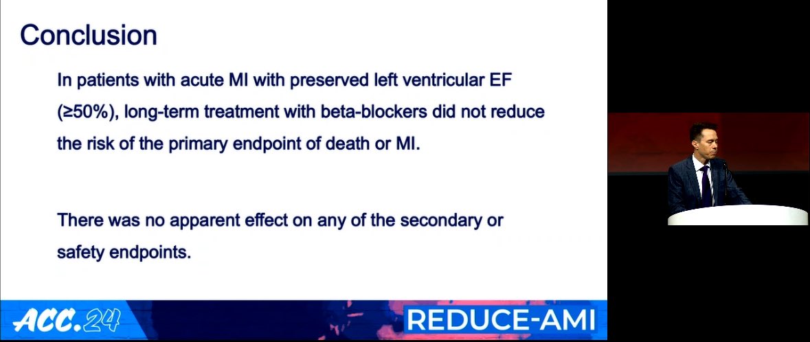 Beta-blockers in post-MI patients with LVEF greater or equal to 50% and obstructive CAD did not reduce death or MI in this open label registry based trial ⁦@ACCinTouch⁩