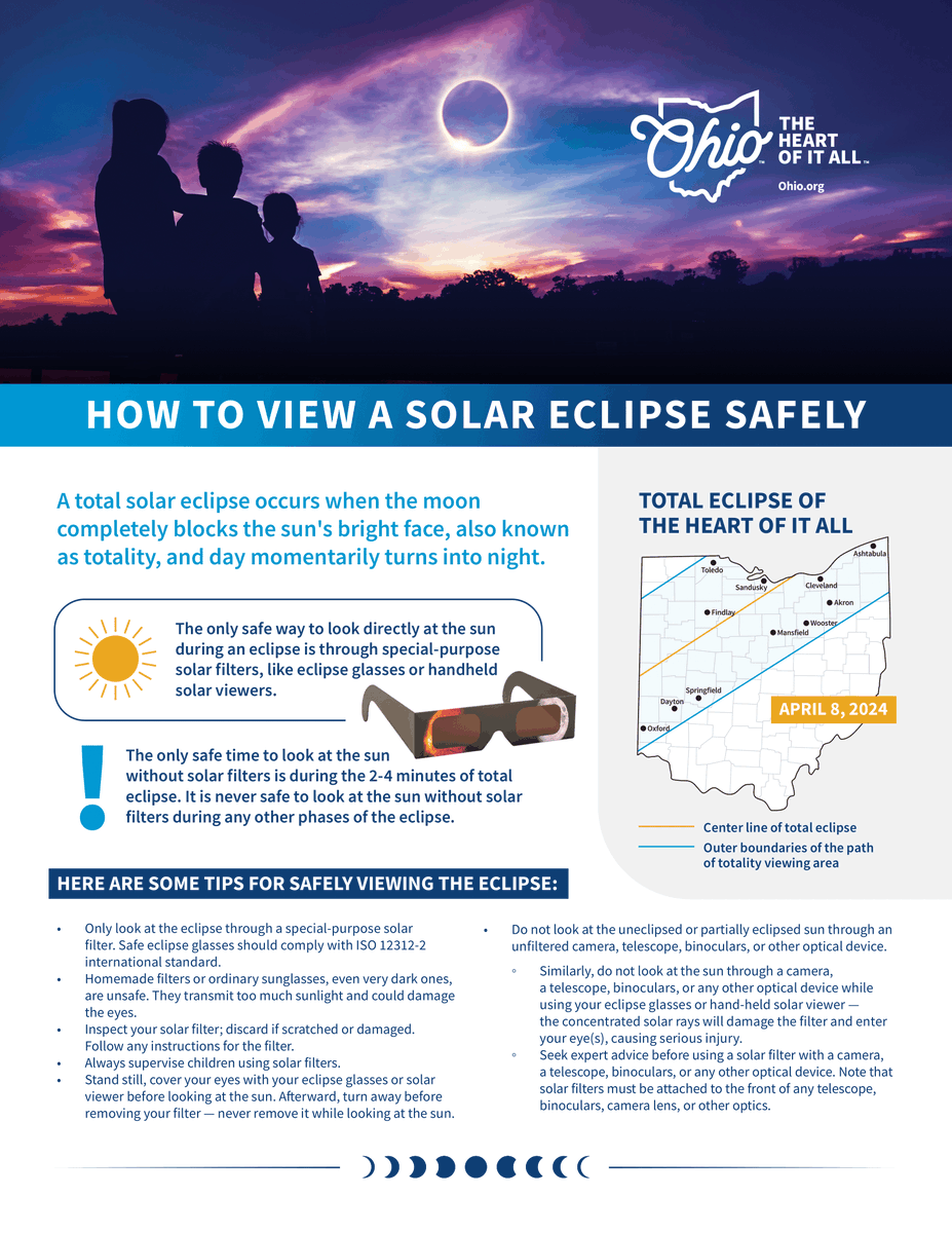 ☀️ 🌑 Don't forget! On April 8, there will be a solar eclipse, with some areas of Ohio in the path of totality. To learn more about eclipse safety, check out this graphic or visit bit.ly/43pmX5c
