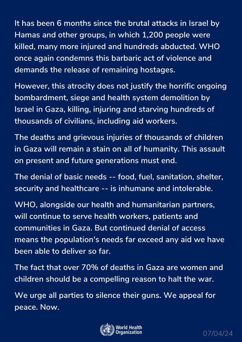 It has been 6 months since the brutal attacks in #Israel by Hamas and other groups, in which 1,200 people were killed, many more injured and hundreds abducted. @WHO once again condemns this barbaric act of violence and demands the release of remaining hostages. However, this…