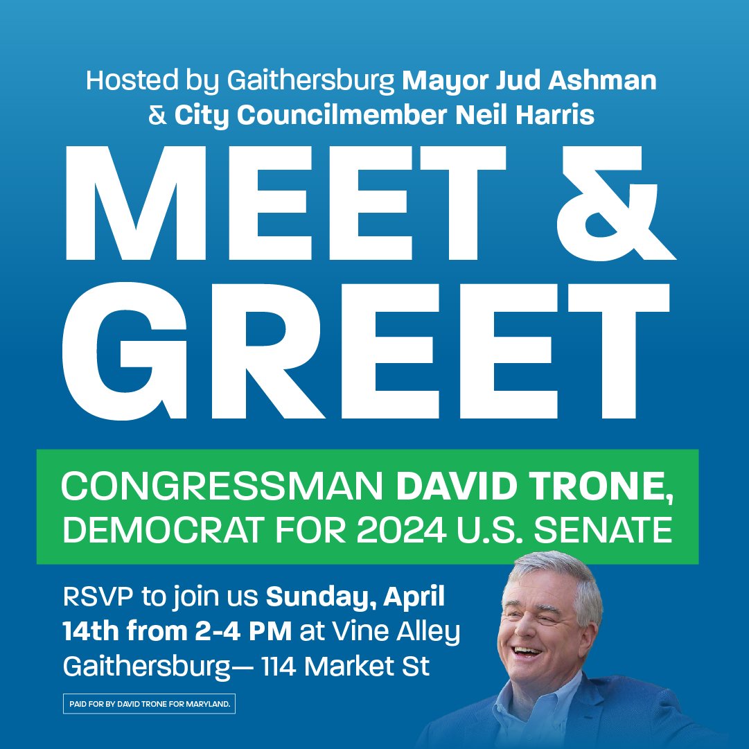 Next Sunday, 4/14, I'm co-hosting a meet & greet for Rep. David Trone, who is running for the Democratic nomination for U.S. Senate. He's a great guy w/a great story - & he has been a terrific partner for Gburg & the Upcounty. Please join us! RSVP here: mobilize.us/davidtrone/eve…