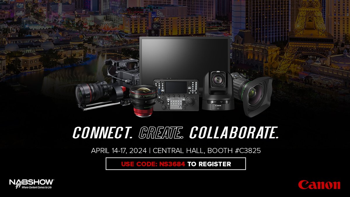 Join us at the #NABShow next week for hands-on demos of our industry-leading products, ranging from cinema cameras and lenses to broadcast lenses, PTZ cameras, and more. Register for free with code NS3684: canon.us/NAB2024 #NAB2024