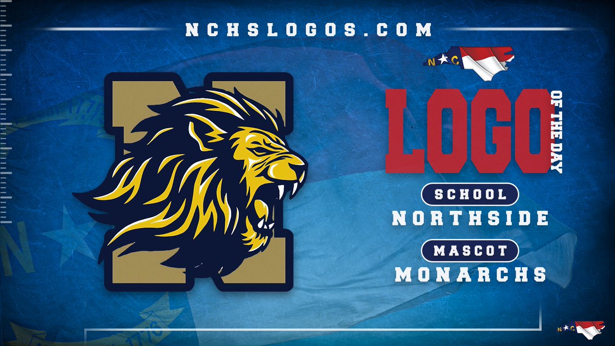 We open the week off by ➡️ to Onslow County to✔️out the Northside Monarchs for our #NCHSLogoOfTheDay 🟦🟨🦁 @NHSMonarchs @OnslowSchools nchslogos.com/northside_mona… #nchsfb #nchshoops