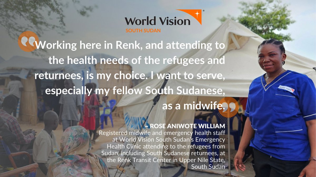 World Vision South Sudan (@wvsouthsudan) on Twitter photo Last month, Rose, a registered midwife at <a href="/WorldVision/">World Vision</a>’s emergency health clinic in Renk transit center, helped deliver another healthy baby. Rose is among our dedicated team, ensuring refugees and South Sudan returnees receive the best care. #WorldHealthDay2024 #WeAreWorldVision Last month, Rose, a registered midwife at <a href="/WorldVision/">World Vision</a>’s emergency health clinic in Renk transit center, helped deliver another healthy baby. Rose is among our dedicated team, ensuring refugees and South Sudan returnees receive the best care. #WorldHealthDay2024 #WeAreWorldVision