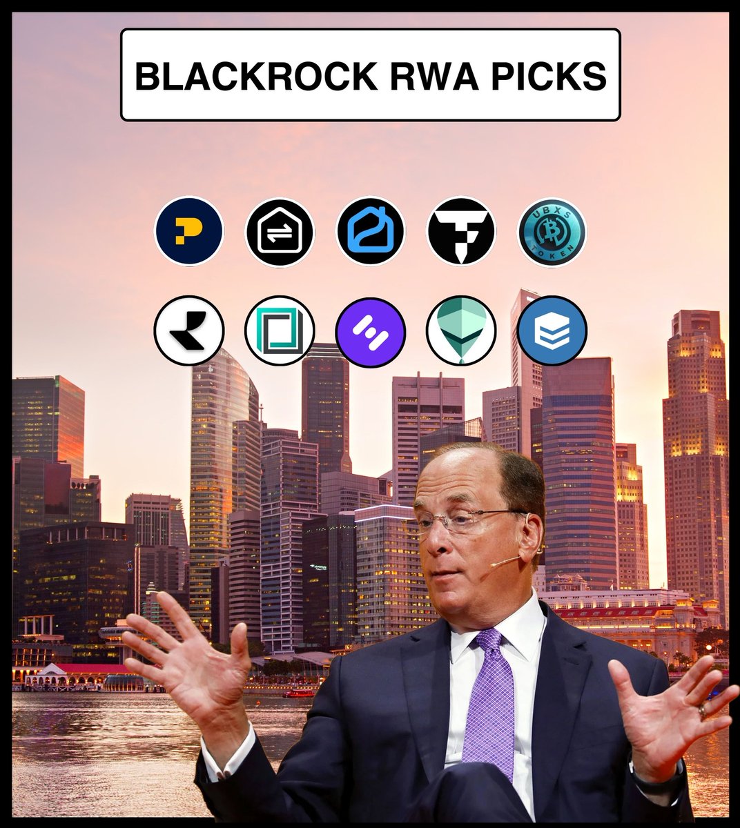 Blackrock enters RWA market with new tokenized fund. 

The spotlight is always on infrastructure projects, previous cycles:

• $BNB 200x
• $SOL 200x
• $MATIC 150x

My watchlist of RWA gems with potential support of BlackRock &amp; HSBC:

🧵👇