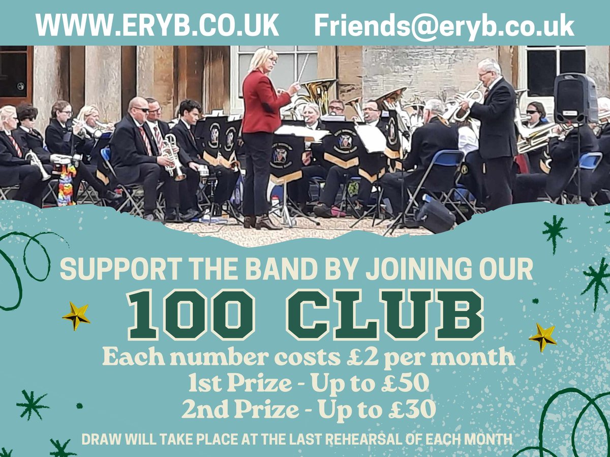 ‼️ Did you know that we have our very own 100 club? 💯 Drawn every month, there are 2 chances to win a cash prize for just £2 per number!

Ready to sign up? Follow this link to complete our sign up form: forms.gle/ptgzeNY2PgG8QP…
#brass #brassband #eastriding #YORKSHIRE