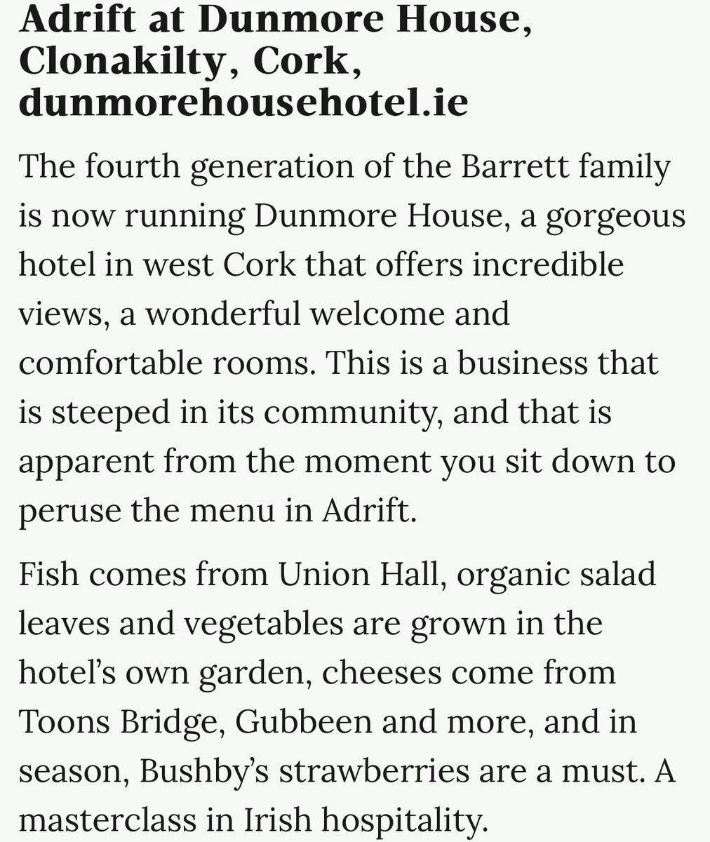 Our Adrift Restaurant has been listed @foodandwineIE 101 Great Irish Restaurants, described as ‘a masterclass in Irish hospitality.’ We are so grateful for our team! Thank you @businessposthq @gnelis @JordanMooney_ #DunmoreHouse #101GreatIrishRestaurants