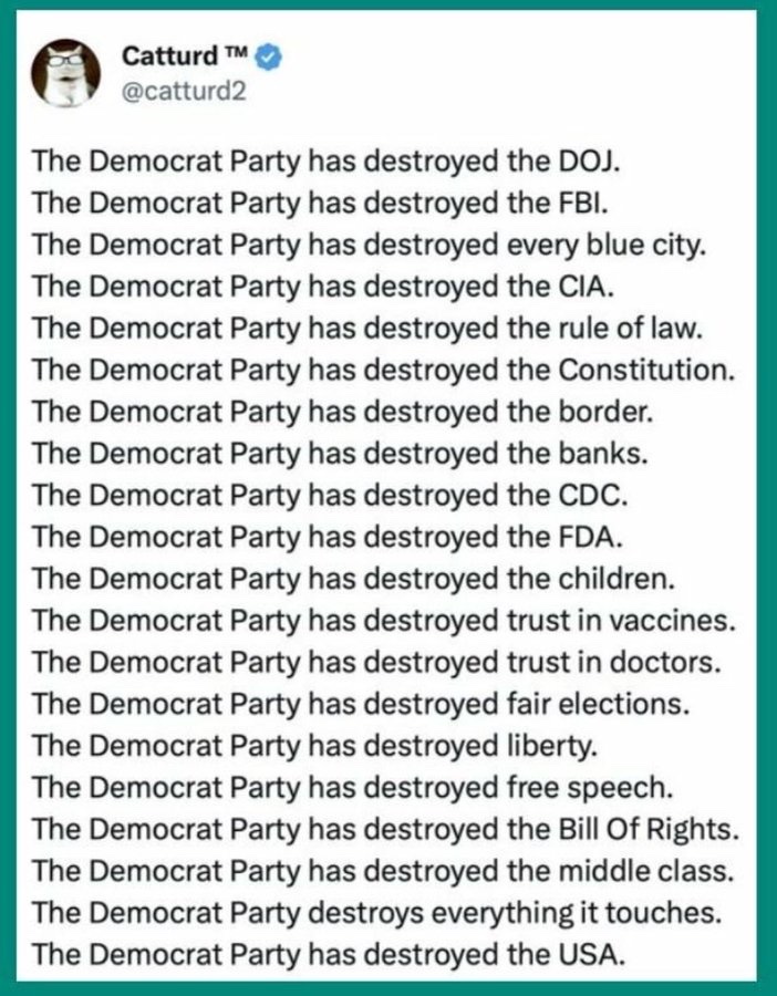 The Democratic Party destroys everything they touch. A vote for Democrats is a vote against America.