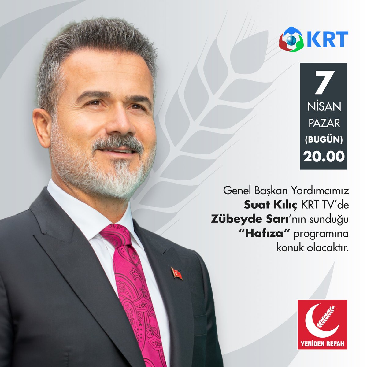 Genel Başkan Yardımcımız Suat Kılıç KRT TV’de Zübeyde Sarı’nın sunduğu “Hafıza” programına konuk olacaktır. 📅 7 Nisan Pazar (Bugün) 🕐 20.00 📡 KRT TV