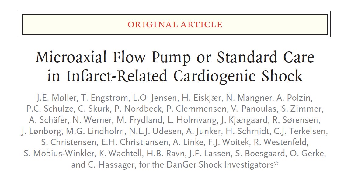 Astonishing results from the DanGer Shock Trial presented at #ACC24 and out in @NEJM today. In patients with ST-elevation MI with cardiogenic shock, Impella reduced all-cause mortality (45.8% Impella vs. 58.5% control) at 180 days. Some thoughts on this ground breaking trial: