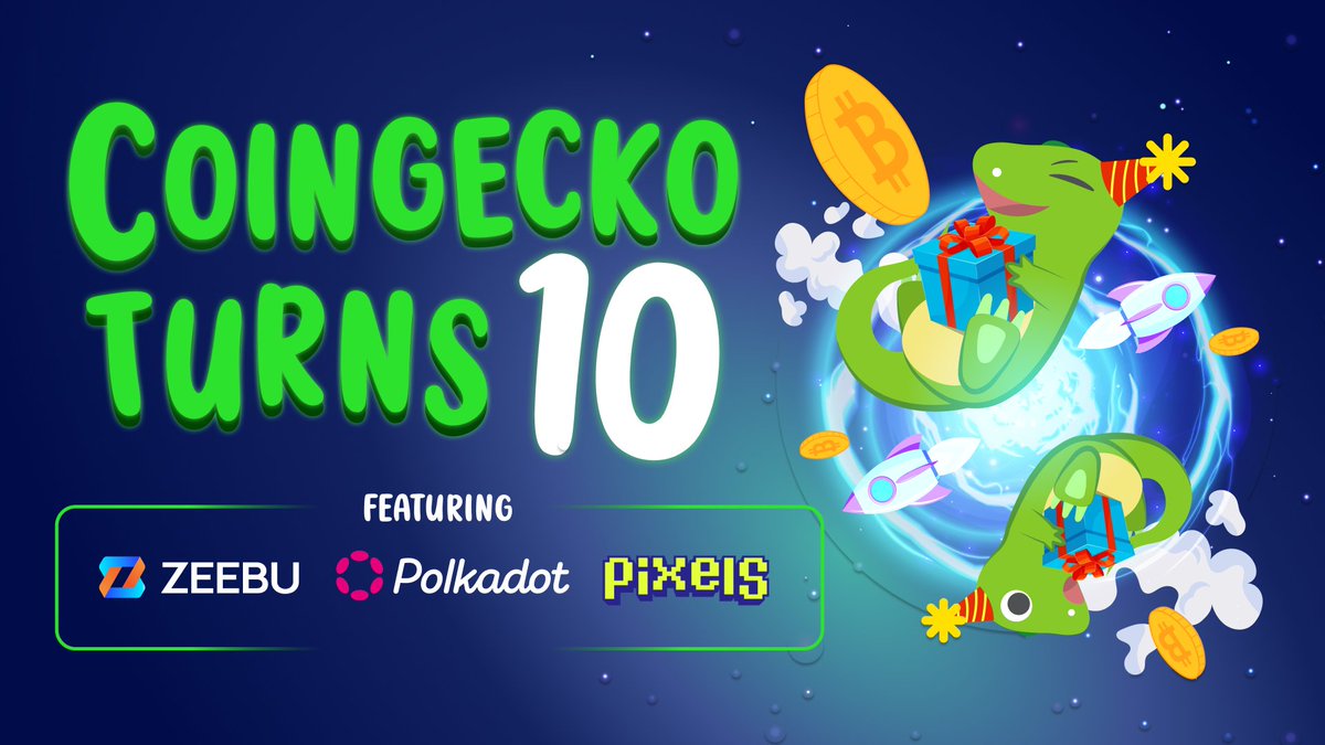 CoinGecko is turning 10! 🥳 Throughout April, join us for weekly giveaways and more, with our partners @zeebuofficial, @polkadot, and @pixels_online. Get a sneak peek ➡️ gcko.io/cgturns10
