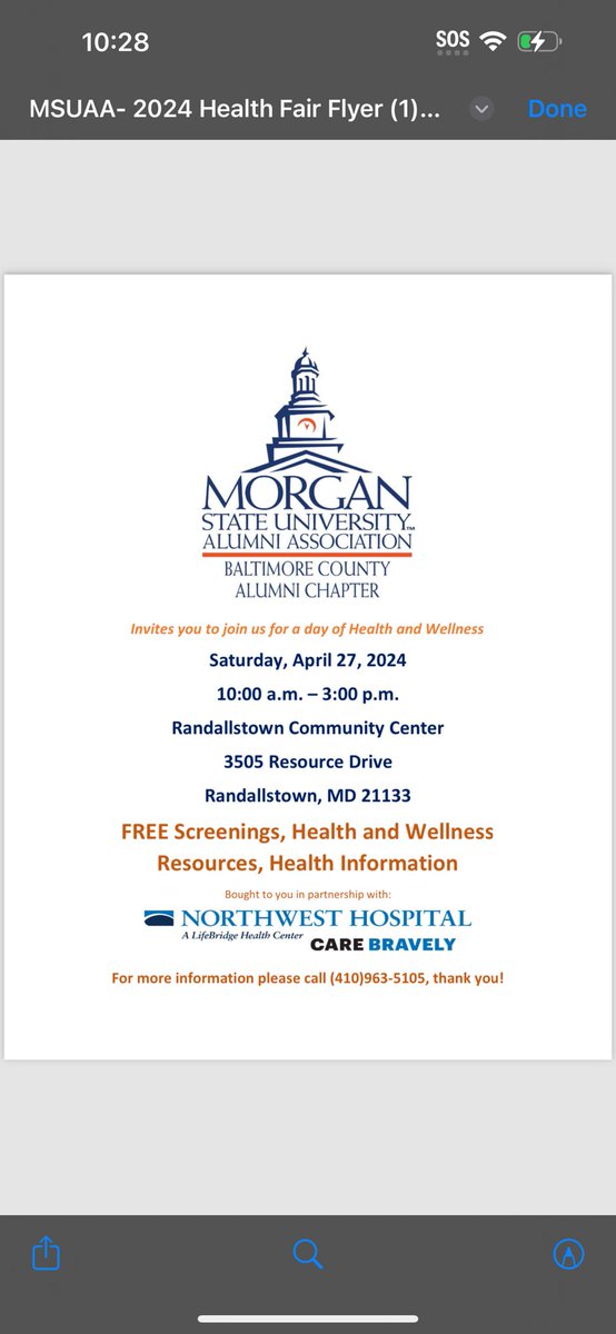 MORGAN
STATE UNIVERSITY.
BALTIMORE COUNTY
ALUMNI CHAPTER
Saturday, April 27, 2024
10:00 a.m. - 3:00 p.m.
Randallstown Community Center
3505 Resource Drive
Randallstown, MD 21133
FREE Screenings, Health and Wellness 
NORTHWEST HOSPITAL
AlifeBridze Health Center CARE BRAVELY