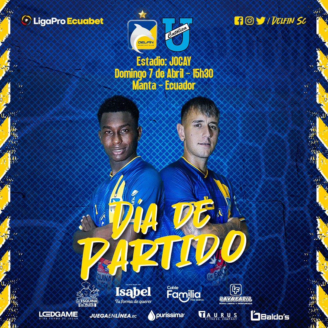 ⚔️|DELFÍN 🆚 U CATÓLICA
#ligaproecuabet2024 | ⚽️
🏟️Estadio Jocay 
⏰ 15:30 PM 
¡Vamos Delfín!🔥👊🏻

#DelfinSC #elorgullodemanabí