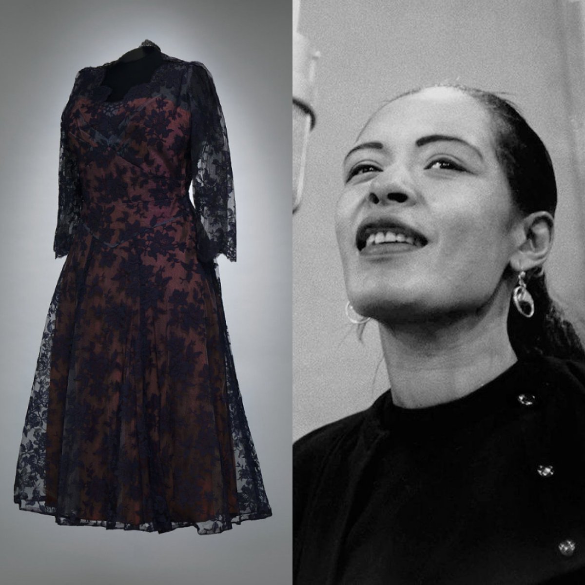 American jazz and swing singer Eleanora Fagan, known professionally as Billie Holiday, was born #OnThisDay in 1915. She wore this Andora New York rust satin strapless cocktail dress with black lace overlay in the early 1950s. @NMAAHC collection. #FashionHistory #singer #dress