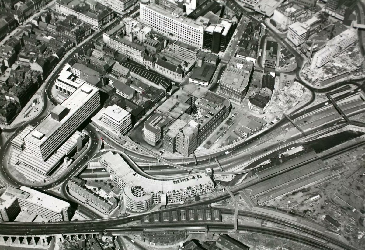 Aerial shot of Swan House roundabout, Newcastle, 1975.