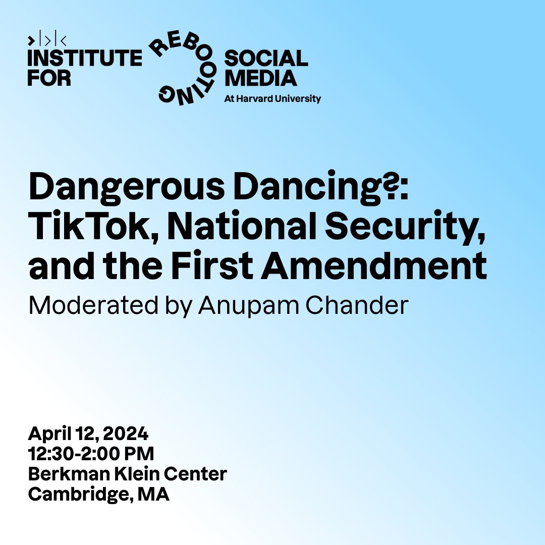 HAPPENING TODAY! Tune in virtually or join us in person to hear about the First Amendment challenges to a potential TikTok ban, moderated by RSM's @AnupamChander, and featuring insights from @jrhuddles, @2ramyakrishnan, Jenna Leventoff, & @ARozenshtein. rebootingsocialmedia.org/events/dangero…