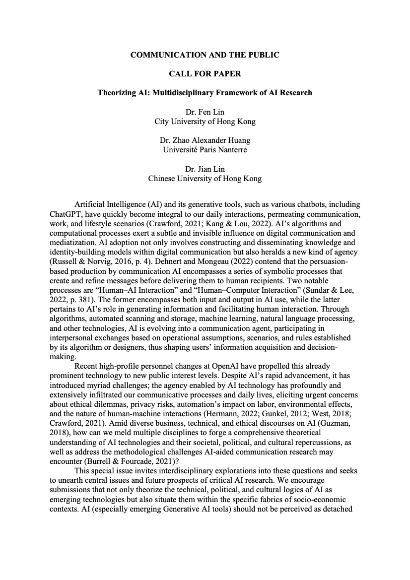 capzju's tweet photo. #CALLforPaper 
Dear colleagues, we are pleased to announce this #CfP focusing on the theme "Theorizing #AI", the deadline for the extended abstracts is May 15! 
Send your papers to us! 
See you very soon! 
#TheorizingAI #ArtificialInteligence @ZhaoAlexHuang https://t.co/Vkci7lvteY