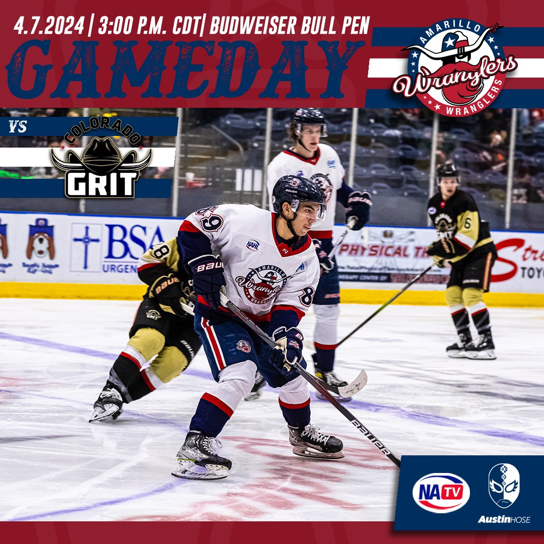 Join us for the regular season finale at the Bull Pen! Tickets are available at the Civic Center Box office or at panhandletickets.com. ⏰3:00 PM CDT 🏒 vs Colorado Grit 📺NAHLTV 🔊YouTube: youtube.com/live/3Ix1FVPwl… 📍Budweiser Bull Pen, Amarillo, TX