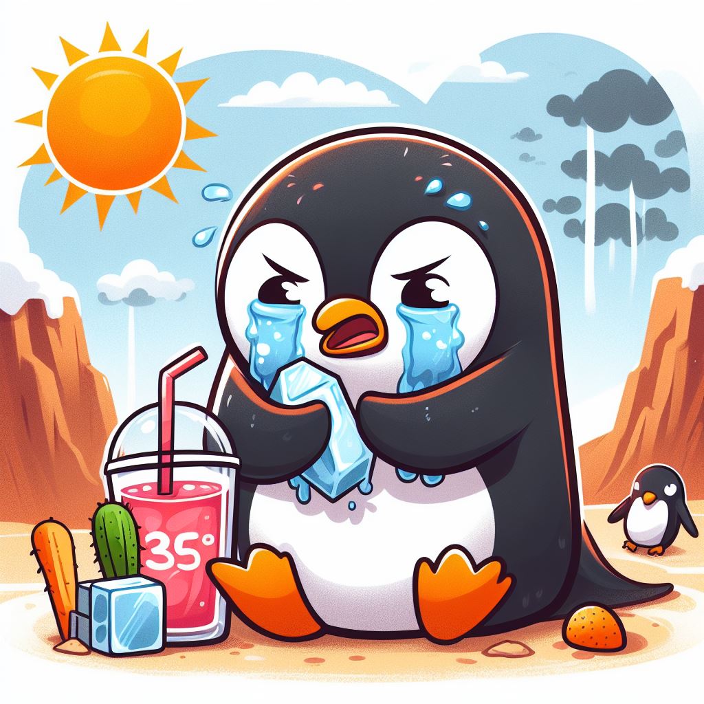 Prompt : peuguin crying and drinking ice tea because of hotter weather.
#BingCreator #GlobalWarming 
The temperature of the sea and antarctica is rising. Where can penguins go?