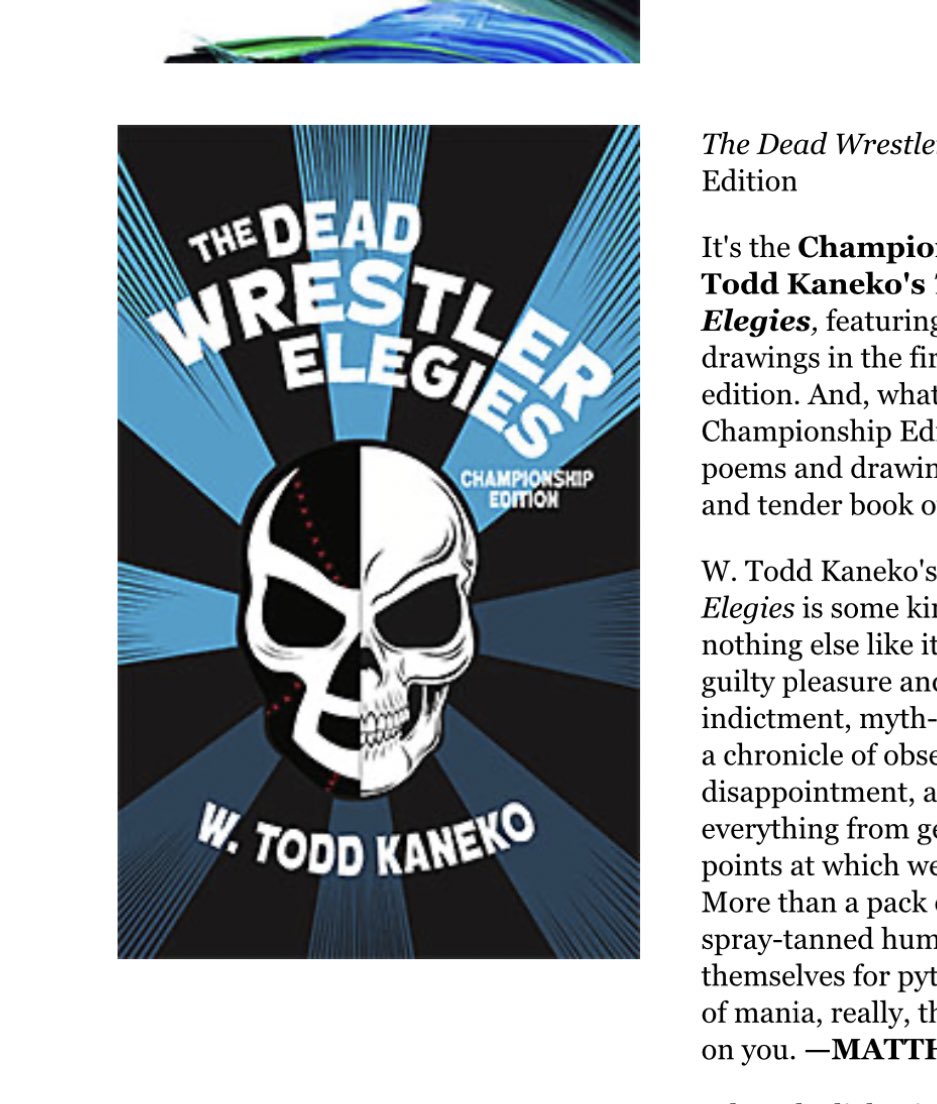 While I’m offline avoiding WrestleMania spoilers this weekend, my book THE DEAD WRESTLER ELEGIES is always here, available to grapple with from New Michigan Press. @EL_DIAGRAM newmichiganpress.com/books.html