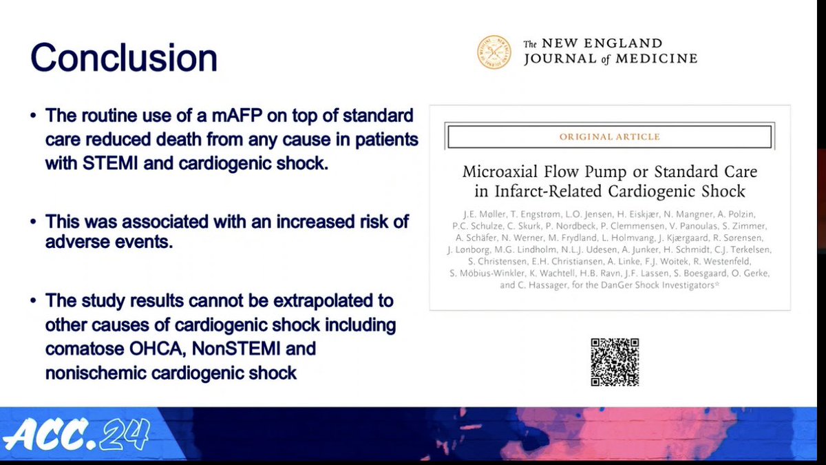 #DANGERSHOCK trial: ✅ Routine use of a microaxial flow pump + standard care in the tx of patients with STEMI-related #cardiogenicshock : ⬇️risk of death from any cause at 180 days 🆚 standard care alone. ➡️ incidence of Adv events were⬆️ #LBCT #ACC24