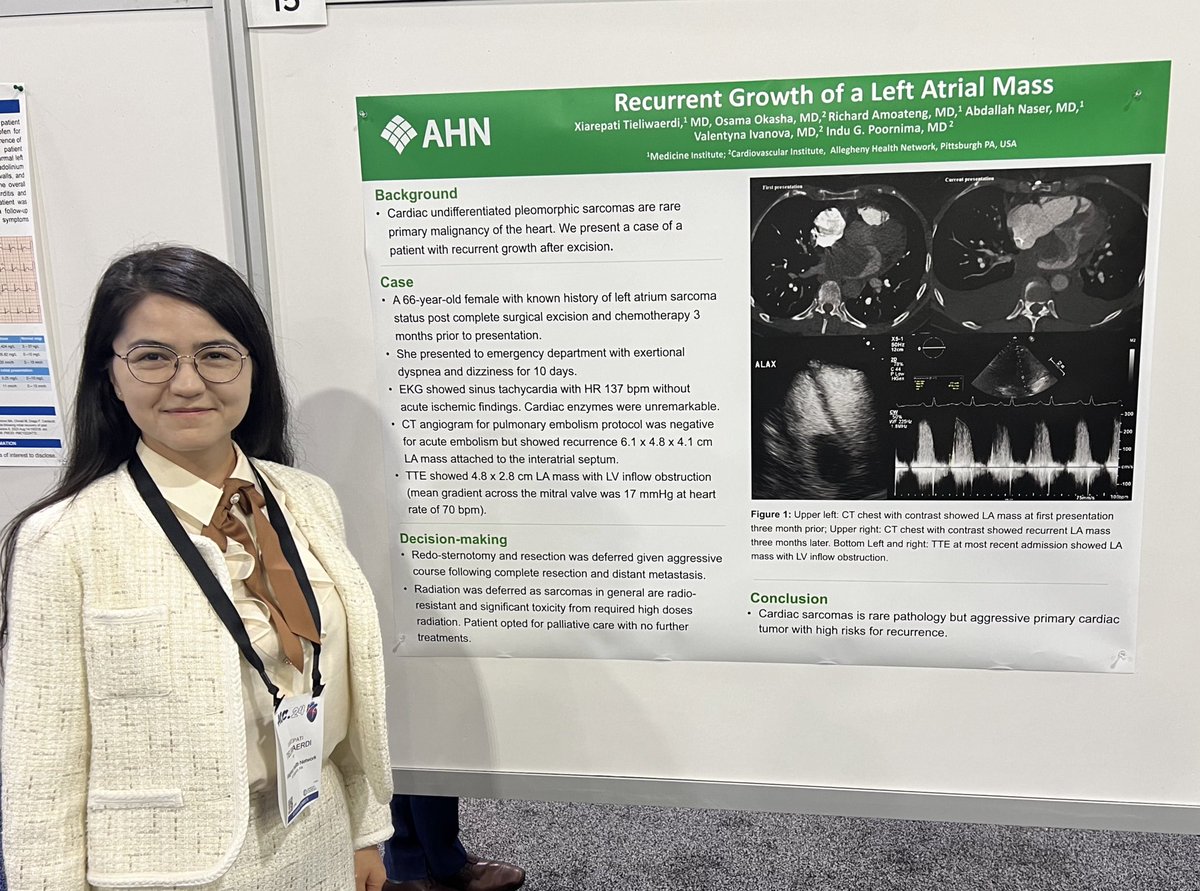 KhandelwalMD's tweet photo. Great to see a strong @AHNIMres presence at #ACC24. Dr. Tieliwaerdi presents on an unusual clinical course of left atrial mass. So many other great posters from @AHNtoday @AHN_CVI showcasing our broad clinical and research experience by residents/fellows #PittsburghRepresent https://t.co/YH6CDBSd5f