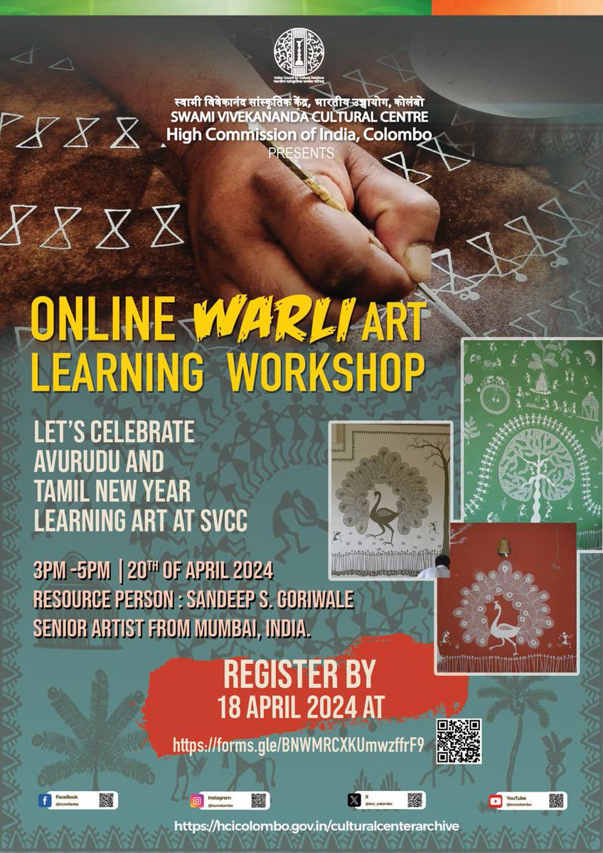 Let’s celebrate the Avurudu and Tamil New Year by learning Warli Art at @iccr_colombo. Dates- 20 April, 2024 Time- 3pm -5pm Venue- Online Age- no restrictions Register by 18 April, 2024 at forms.gle/BNWMRCXKUmwzff… Warli art is a gem that comes from the tribal culture of India.