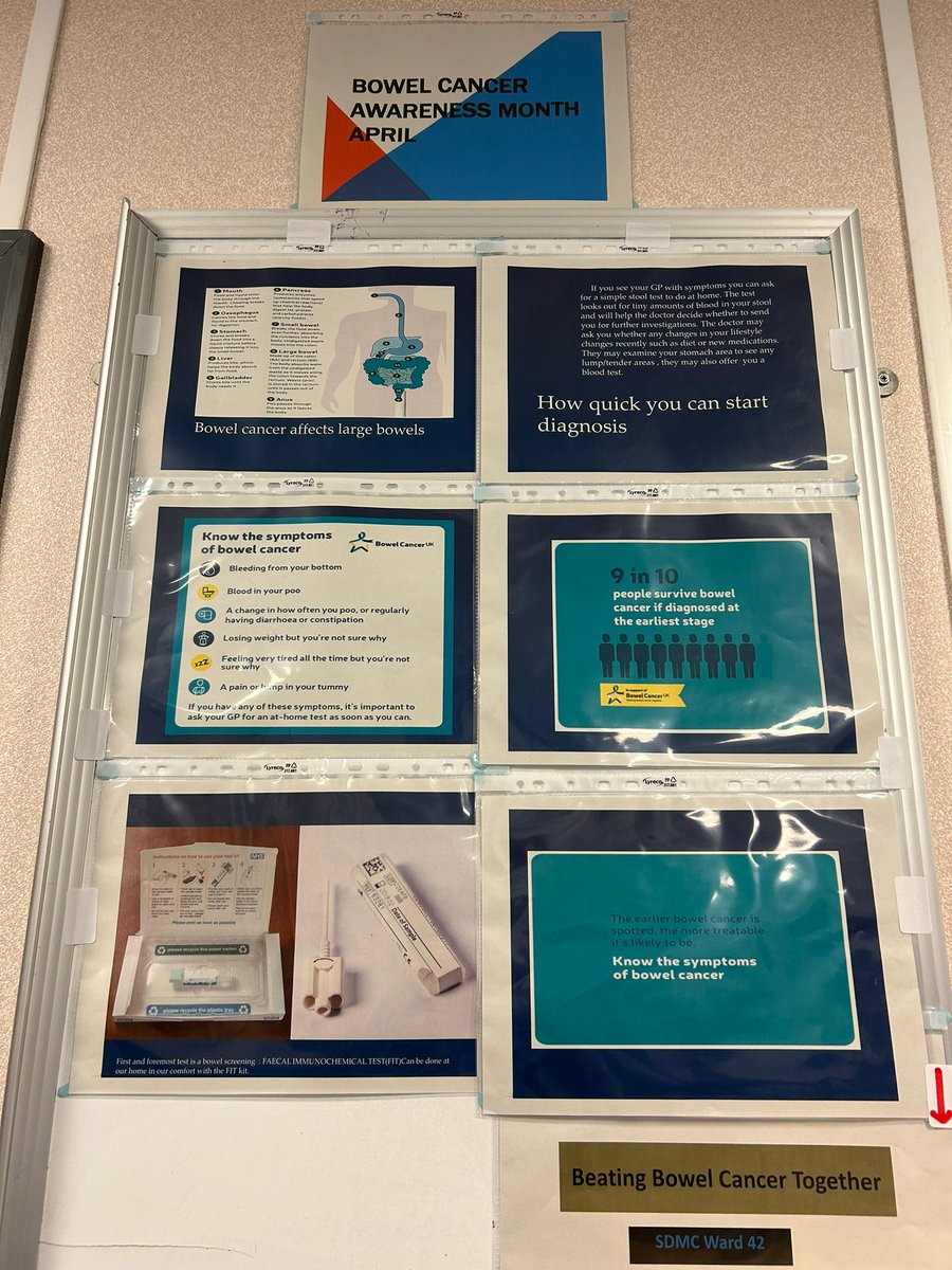 April is bowel cancer awareness month. Ward 42's SDMC have created the following display board @CHUGGScmg @leicdan @DonnaBc123 @Leicnut @UHL_DIETITIANS