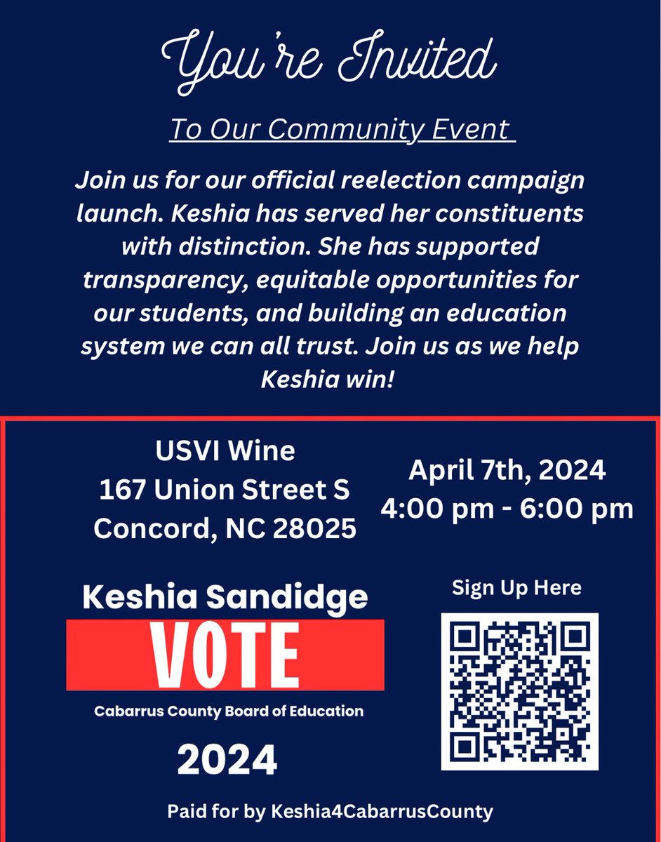 Join us @usvi_wine_co this evening with @keshia4cabarruscounty for her official #campaignlaunch #concordnc #cabarruscounty #keshia4cabarruscountyschools