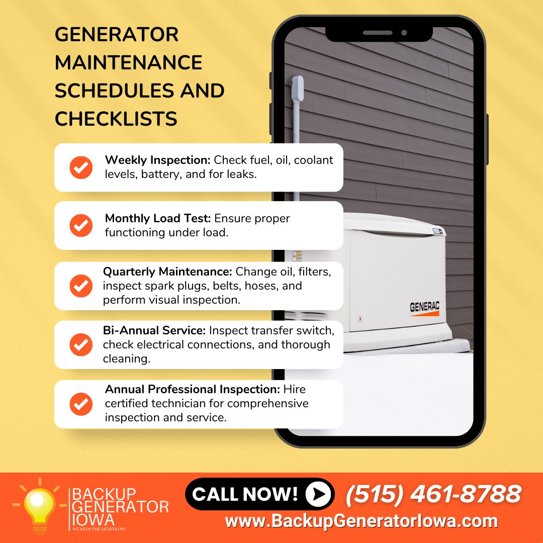 Ensure your generator runs smoothly with our tailored maintenance schedules in Des Moines IA. Uninterrupted power is crucial. Call (515) 461-8788 for expert services and advice. #GeneratorMaintenance #ReliableEnergy #PowerSolutions