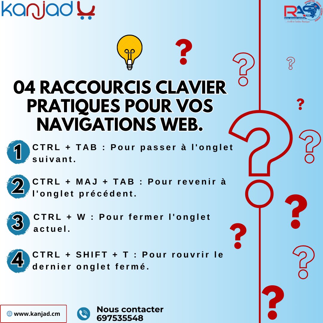 KanjadCmr's tweet photo. Voici quelques raccourcis clavier qui vous seront utiles
Pour plus d'informations, contactez-nous au :
📞 +237 697 535 548
#Kanjad #Astuce #onglets #internet #astuceinformatique #laptop #douala #tips #navigateur #chrome #google #web #raccourcisclavier #onglet https://t.co/oq0mlK1P7y