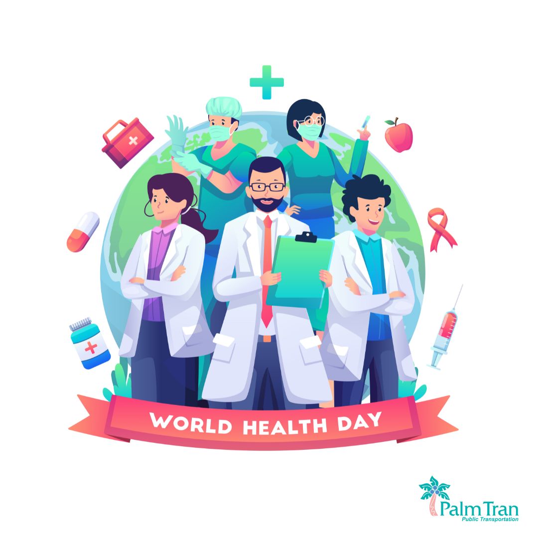 🌍🚌 This #WorldHealthDay, Palm Tran salutes healthcare heroes! We're committed to accessibility, ensuring everyone can access vital services. Cheers to health, accessibility, and the incredible individuals working tirelessly for our well-being. #PalmTran #HealthcareHeroes