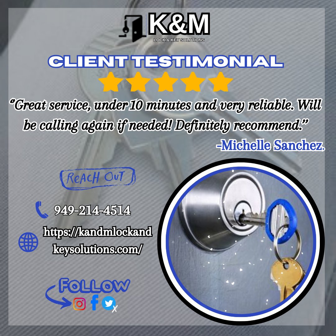 🔐Unlock unparalleled expertise with K&M Lock and Key Solutions! With 15 years of industry experience, our skilled locksmiths deliver swift, reliable service every time. 

#LocksmithExpert #SwiftService #QuickService #CustomerSatisfaction #Locksmith #SecuritySolution #Tustin

1/2