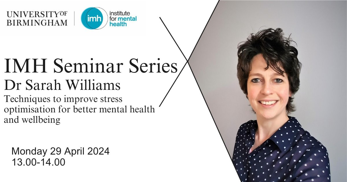 On Monday 29 April we are joined by Dr Sarah Williams, University of Birmingham whose talk looks at techniques to improve stress optimisation for better mental health and wellbeing. 13.00 (GMT) Click to find out more and register➡️birmingham.ac.uk/research/menta…
