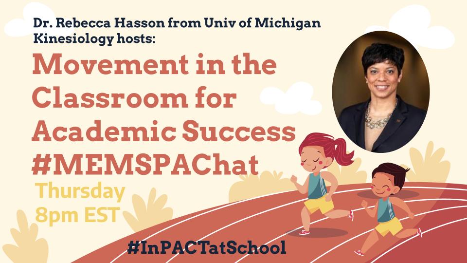 Join @DrRebeccaHasson 8pm Thurs for 
Movement in the Classroom during #MEMSPAChat
#InPACT @UMKines 
#SunChat @susankotch @spaldingk10 @thnorfar 
#Satchat @bradmcurrie @RittleAshlie
@theteachernme @ScottRRocco @frede52
@larrydake @HeatherLieberm2 @wkrakower
@JemellehCoes @MsShute