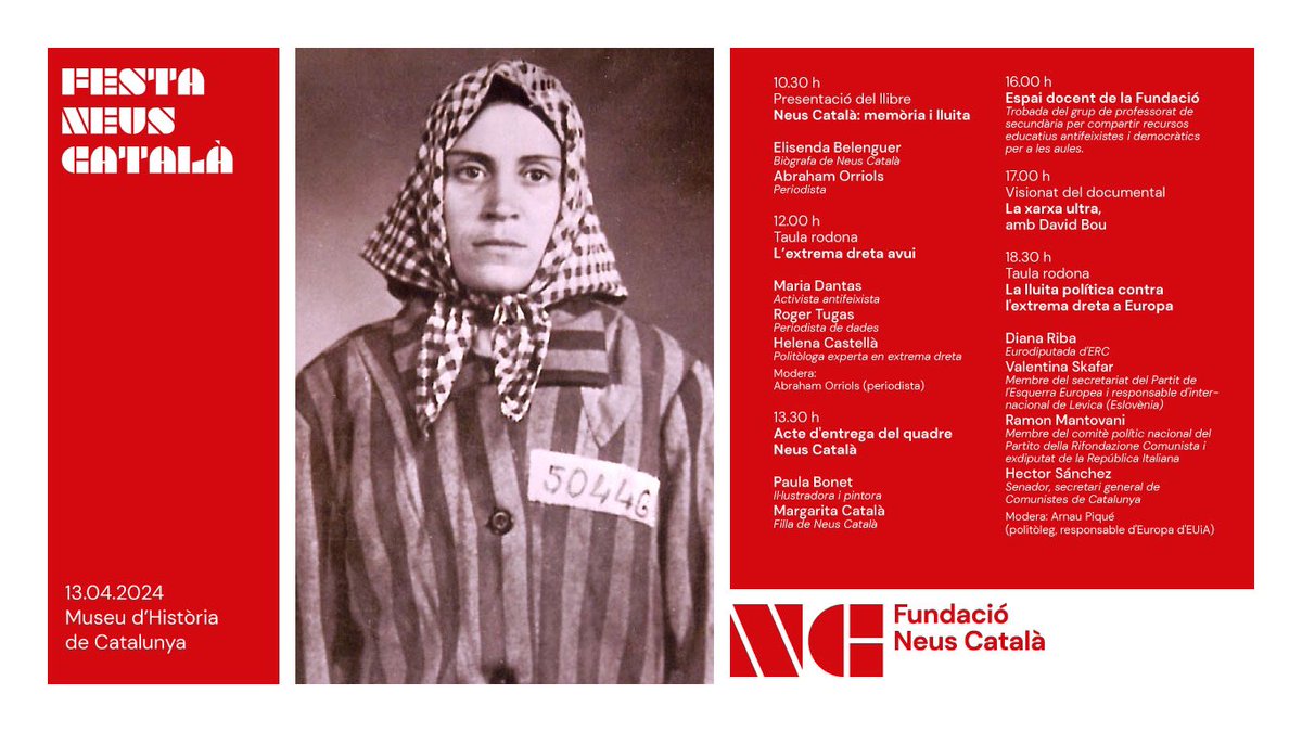 Dissabte 13 d'abril, en la data de commemoració dels cinc anys de la seva mort, Festa #NeusCatalà organitzada per @NeusCatala_fun al @mhistoriacat Hi participaran, entre altres, la seva filla, Margarita Català, i Elisenda Belenguer, biògrafa i amiga.