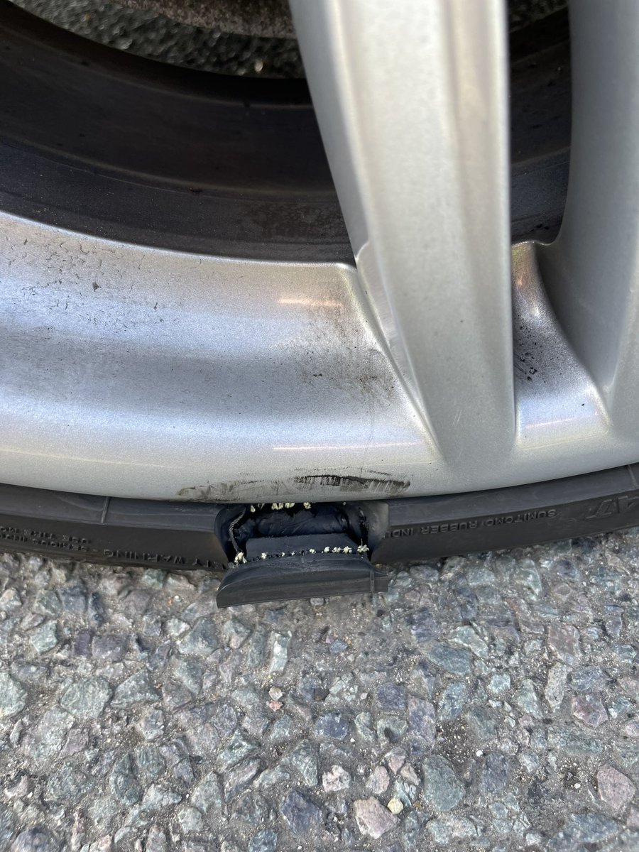 byson1988's tweet photo. @eppingforestdc are you trying to kill people with your negligence of the roads? I just hit a pot hole the size of the Grand Canyon while driving my car, it’s ripped a chunk out of my front tire and damaged the underside of the car, this could have killed a motorcyclist. https://t.co/tZcXmbhWQm
