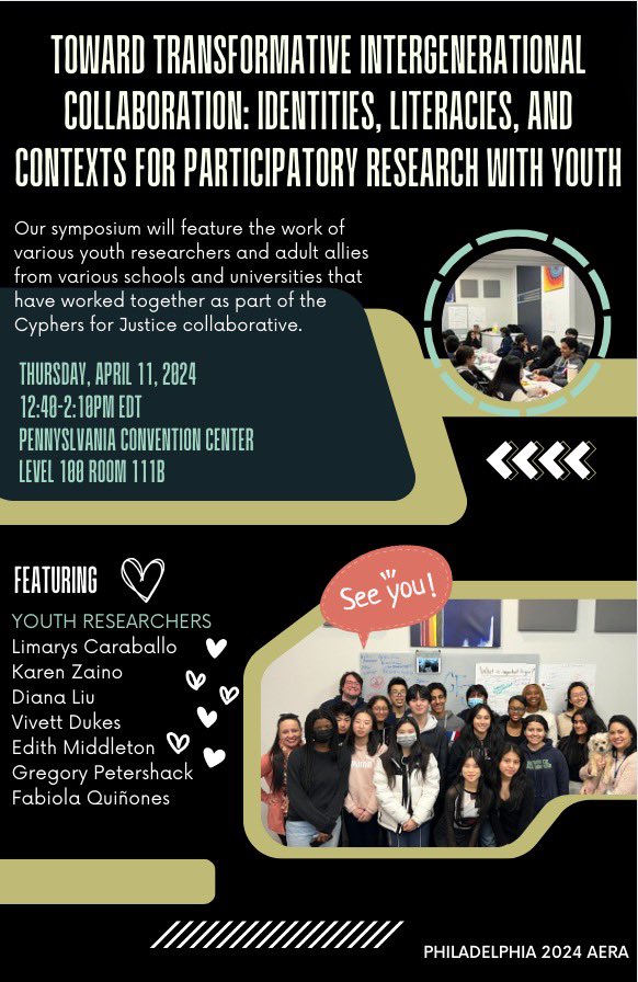 Come join youth researchers and adult allies in conversation on Thursday April 11 at 12:40-2:10pm ET!! @LimarysC @KarenZaino @vivettdukes (the youth are 🔥🔥🔥🤩)
