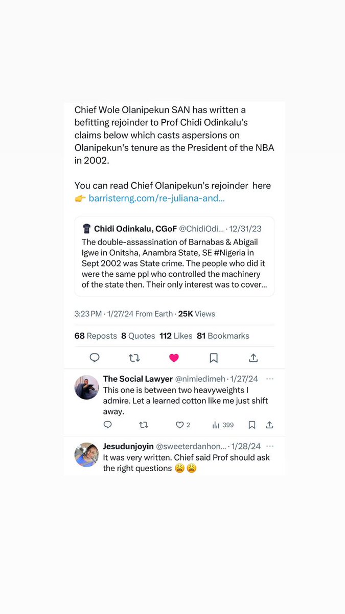 Why did Odinkalu avoid this honey badge response, neither did he tender a proper apology for his alarming failure to engage a detailed research b4 churning out falsities on a delicate subject.
Here's the Lion; 
Chief Wole Olanipekun.

#NBA  #NBALagos #NigerianBarAssociation