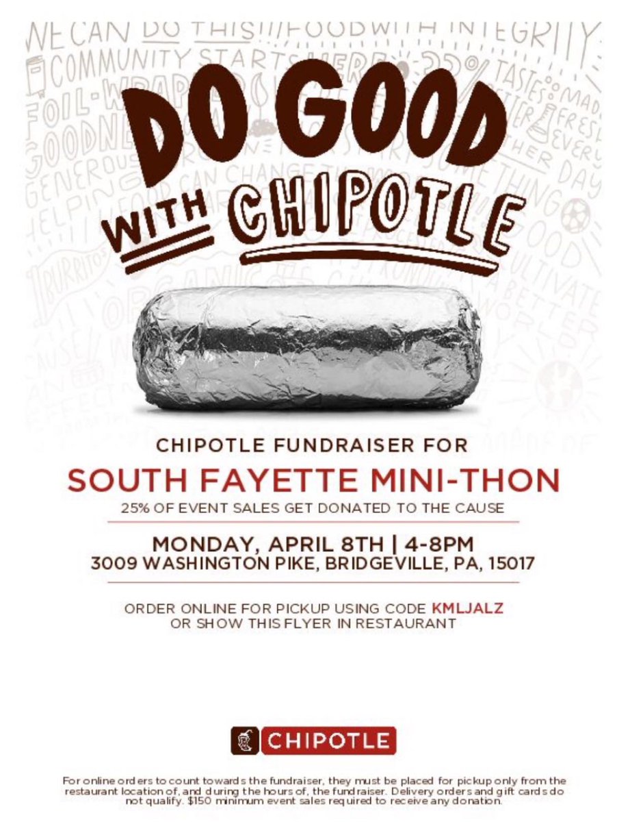 ATTENTION SF: CHIPOTLE FUNDRAISER TOMORROW FROM 4-8!!! You must tell Chipotle that you are there for Mini-THON. COME OUT #FTK