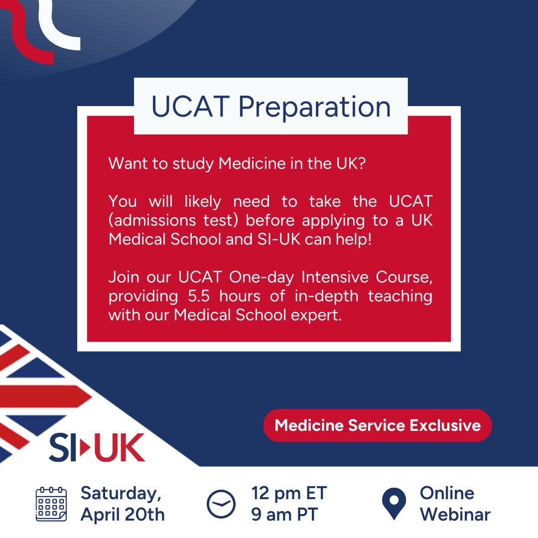 Apply to a UK Medical School with the help of SI-UK!

Students interested in studying Medicine in the UK will likely need to take the UCAT and SI-UK can help you to prepare. Speak to your SI-UK Consultant for more details.

Learn more: buff.ly/3zs2VZ4 

#SIUK #StudyinUK