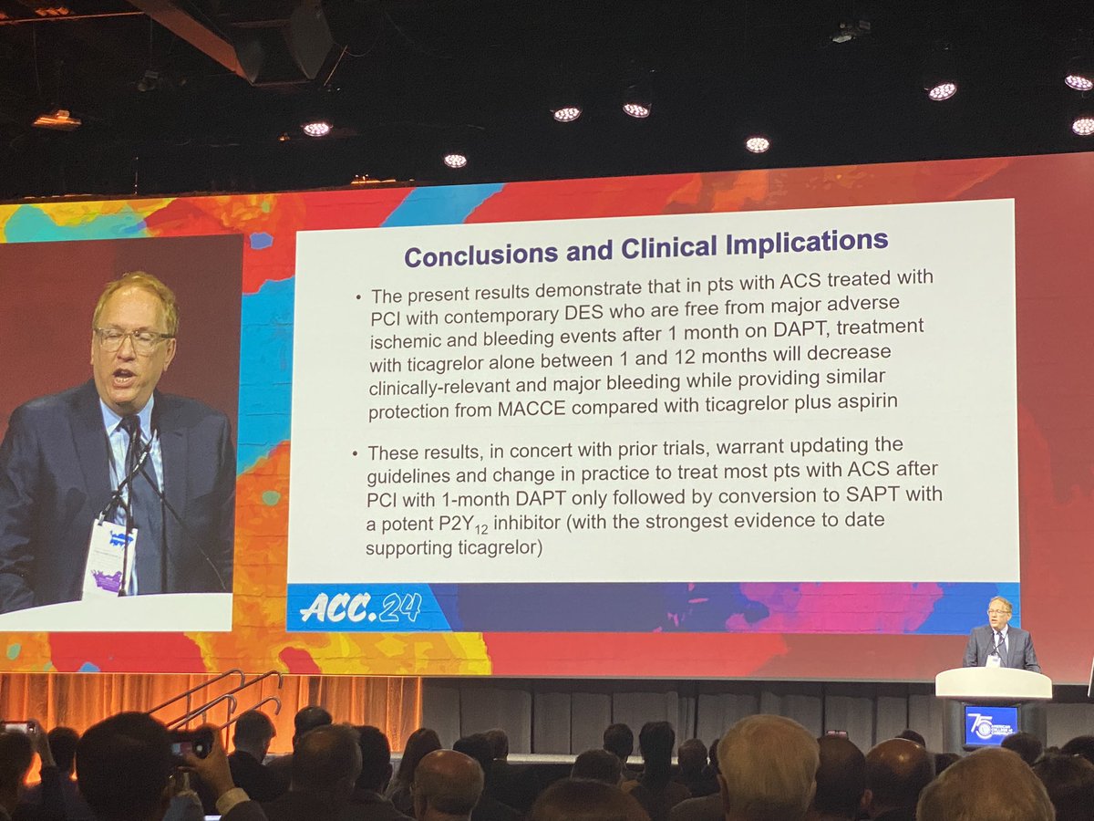 Ticagrelor alone compared to ASA plus Ticagrelor after 1 month post PCI leads to similar clinical outcomes with less bleeding #ACC24